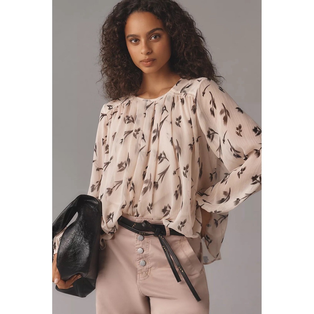 MAEVE Anthropologie Pleated Peasant Blouse Women's Size L Neutral Flowy Spring